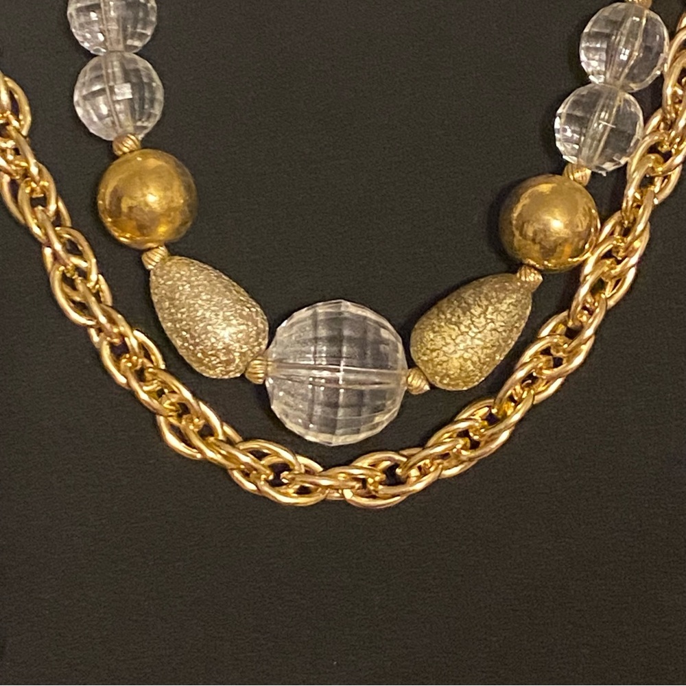 VTG Coro Double Strand Chunky Chain Necklace Clear Acrylic and Gold-Tone beads